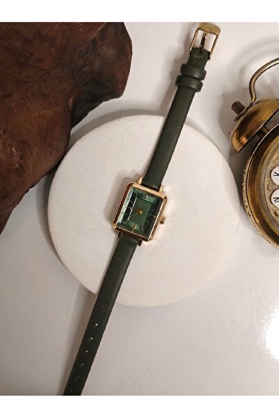 ABAGROUP Women's khaki green leather strap gold rectangular case wristwatch