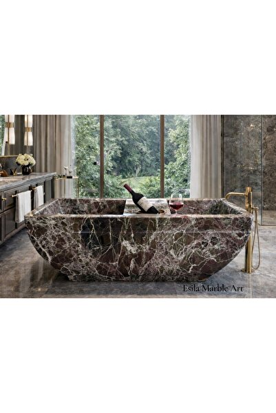 ESİLA MARBLE Rosso Levanto Mermer Küvet – El Yapımı Lüks Doğal Taş Küvet – Öz...