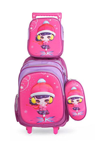 KTMC 3D Cartoon Dancing Girl Tripple Set Pen Bag, Lunch Bag, School Trolley B...