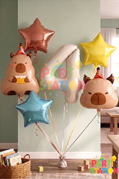 Parti Station Kapibara Concept 4 Year Old Birthday Balloon Set 6 Piece Capyba...