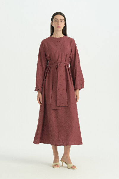 Nihan Balloon Sleeves Tassel Textured Modal Dress - Burgundy