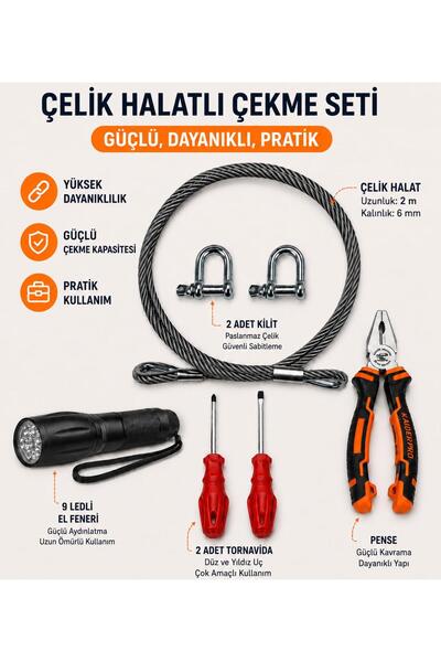 BCT STORE Mevzuata Uygun Çelik Halatlı Mapalı 9 Ledli Fenerli Düz ve Yıldız T...