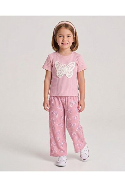 Egelite Girl's Summer Muslin Trousers and Butterfly Embroidered T-Shirt 2-Pie...