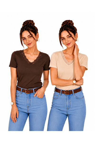 RDK Giyim Women's V-Neck Lace Detailed Short Sleeve Bodysuit Set of 2