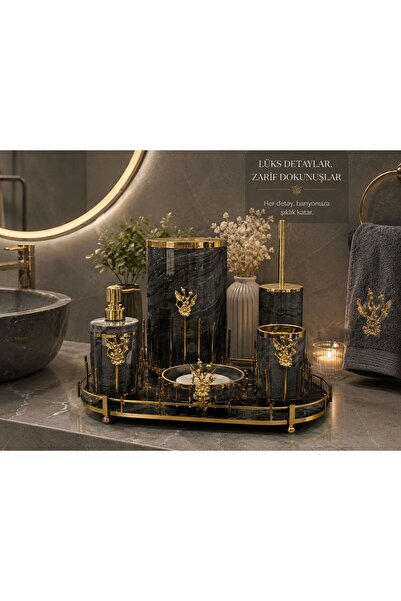 GLORİNDA HOME LÜKS GRİ RENK GOLD DETAYLI VE AKSESUARLI 5'Lİ BANYO SETİ