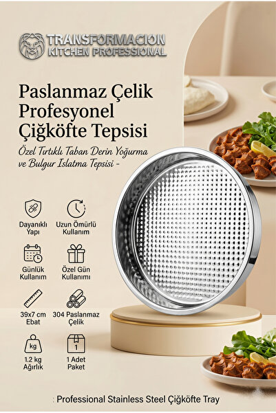 Transformacion Profesyonel Çiğköfte Tepsisi 39x7 cm - 304 Paslanmaz Çelik Öze...