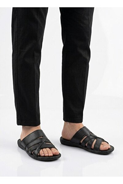 Budaks Black Men's Genuine Leather Daily Comfortable Sole Slippers 1759