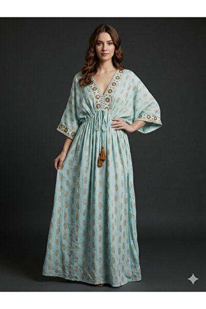 moda gk Embroidery Detailed Lined Linen Helen Dress