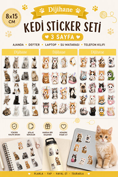 dijihane Cute Cat Sticker Set 3 Sheets |   Kawaii Cat Stickers |   Notebook, ...