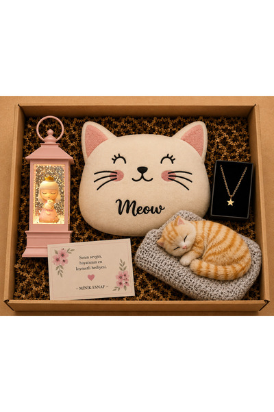 Minik Esnaf Kedi Severlere Özel Hediye Seti | Peluş Kedi Yastık, Işıklı Kule ...