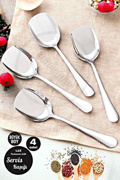 Ercazzo 4'lü Paslanmaz Çelik Servis Kaşığı Seti Büyük Boy Salata ve Yemek Ser...
