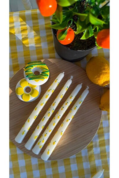 Candy Tasarım Limon Desenli Şamdan Mum Ve Şamdan Seti 2'li