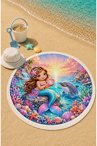 Evmila Okrugli dečiji peškir za plažu sa sirenom i delfinom, 150 cm, peškir z...