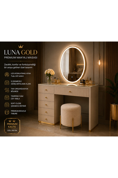 Genel Markalar LUNA GOLD Premium LED Aynalı Makyaj Masası 5 Çekmeceli Cam Tab...