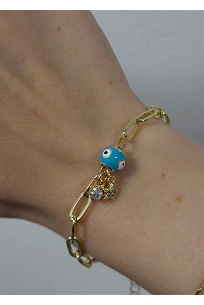 KİLİGİSTANBUL Nest Gold Color Charmli Evil Eye Bead Bracelet 15+5 cm