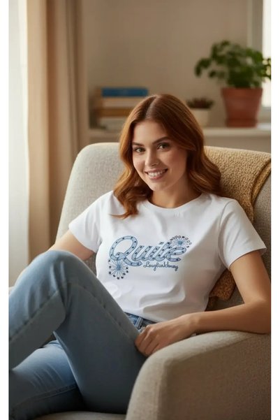 Sierra otantik White Embroidered and Stone Embellished Cotton Women's Combed Cotton T-Shirt