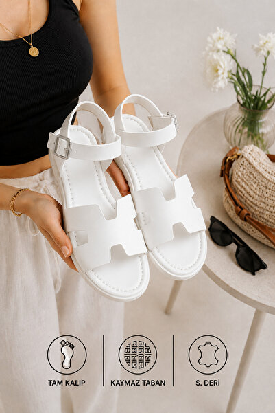 STOCON Sandale cu cataramă Luna H Cut, albe, casual, elegante, cu talpă confo...