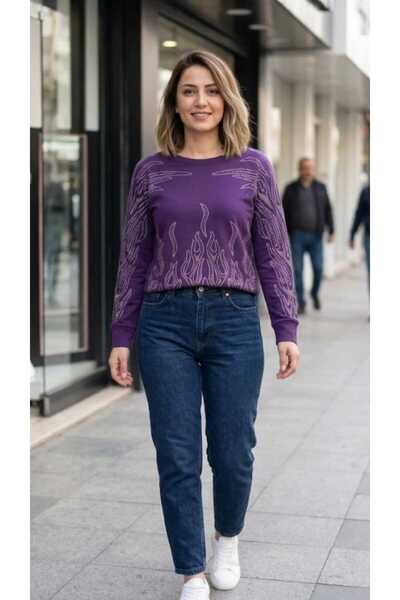 Aylin New Season Long Sleeved Stone Embroidered Combed Cotton Blouse with Rib...