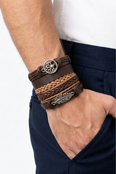 BSN Store 5-Piece Genuine Leather Bracelet Set with Tree of Life and Leaf Des...