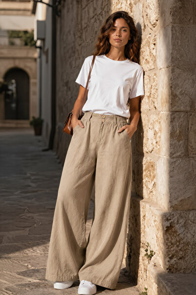 Denvy Denim Kadın Sütlü Kahve Çift Düğme Detaylı Palazzo Pantolon