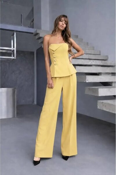 Cool & Sexy Strapless Blouse and Pantalon Top and Bottom Set Yellow