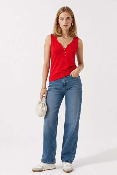 VENA Matilda Button Detailed Fitted Tank Top 100% Cotton - Red