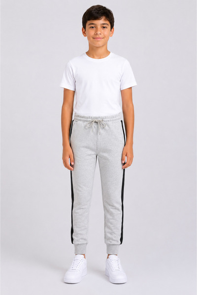 Marco Ferry Boy's Cotton Striped Detailed Sweatpants Gray Melange-26116