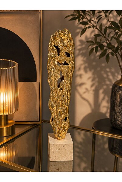 Home Gold Soyut Döküm Heykel Obje – Traverten Kaideli Lüks Dekoratif Sanat He...