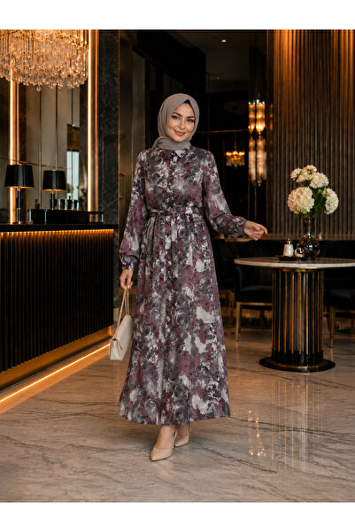 Esra Butik78 %100 Pamuklu Mango Kumaş Boydan Düğmeli Kuşaklı Tesettür Elbise ...