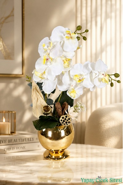 Yapay Çiçek Sitesi Metal Golden Globe Orchid Arrangement in a Pot 43 cm White