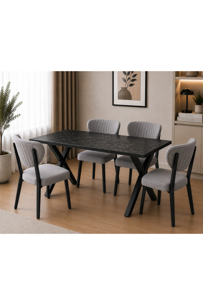 Cosargroup ELMA Sandalye 70X110 siyah Mermer Yemek Masası Mutfak Masası 4 Kiş...
