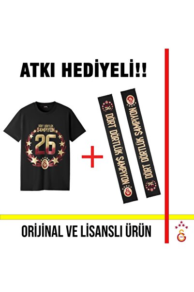 Galatasaray Lisanslı 2026 Şampiyonluğu Siyah T-Shirt ve 26 Şampiyonluk Atkı