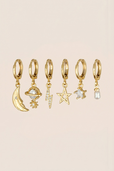 Hetra Gold Color Zircon Stone Star Moon Saturn Lightning Dangle 6-Piece Hoop ...