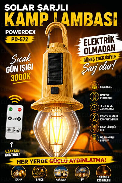 ellante Solar Şarjlı Kamp Lambası | Uzaktan Kumandalı | 15-30-60 DK Zamanlayı...