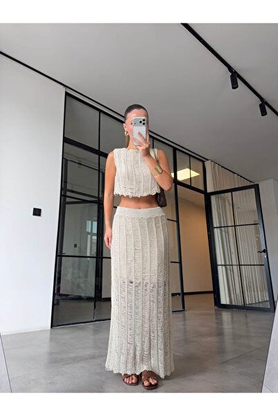 BB Bensu Buyruk Gold Silvery Crop Skirt Knitwear Set