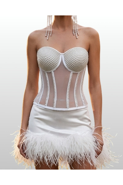 SteelandFineCouture El Yapımı İnci Detaylı Beyaz Büstiyer Korse - Couture Öze...