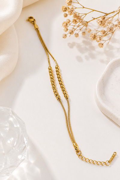 Archhazel Jewelery Bead Detailed Double Chain Anklet Gold Steel
