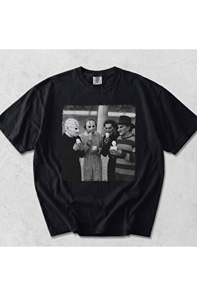 TAVRIN Korku Filmi Karakterleri Baskılı Oversize Komik Tişört Unisex