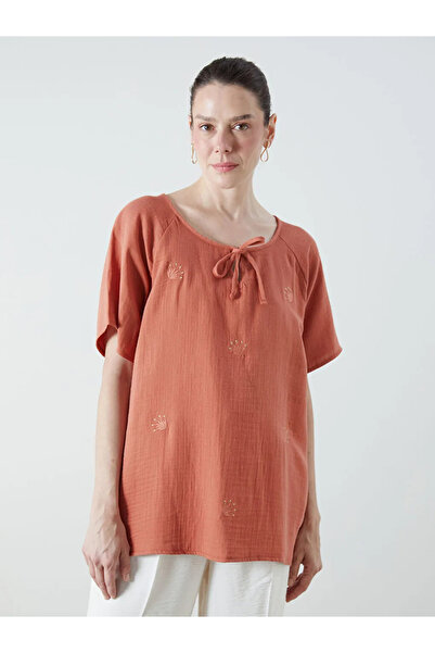 LC Waikiki Orange Tie Neck Embroidered Muslin Blouse