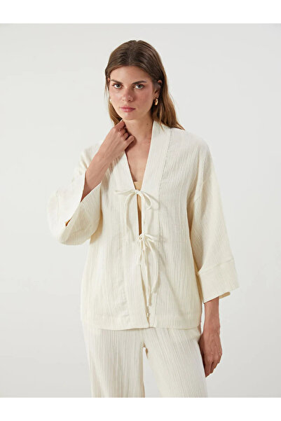 LC Waikiki White Shawl Collar Textured Oversized Women's Kimono