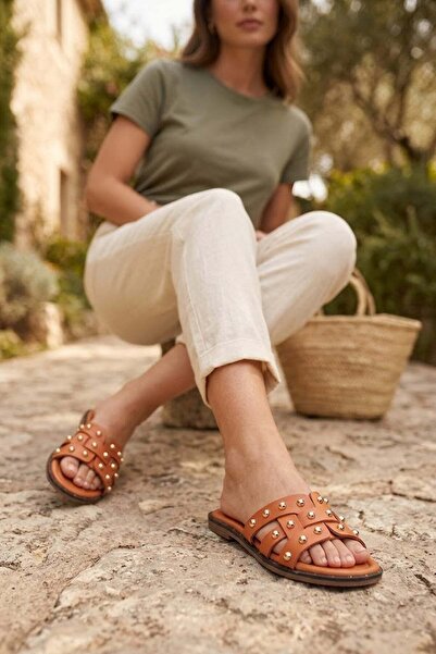 Ayakkabı Fuarı Elit 26Ymrt02C Women's Genuine Leather Flat Slippers Pomegrana...