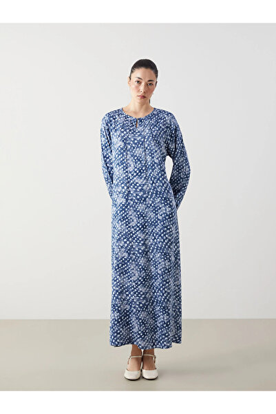LC Waikiki Navy Blue Crew Neck Patterned Dress