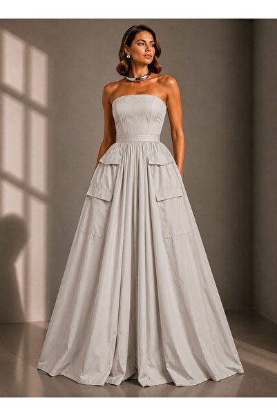 ALYEL NAKER Utility Pocket Detailed Maxi Length Strapless Poplin Dress