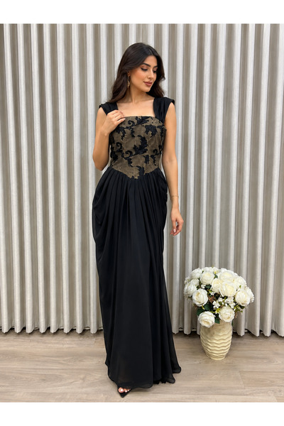 Verona Black Evening Dress with Sequin Embellishments and Elegant Pleats