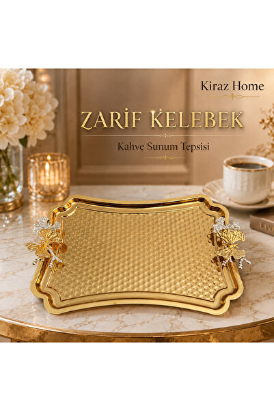 KİRAZHOME Kelebek Detaylı Gold Metal Kahve Sunum Tepsisi Dekoratif İkramlık L...