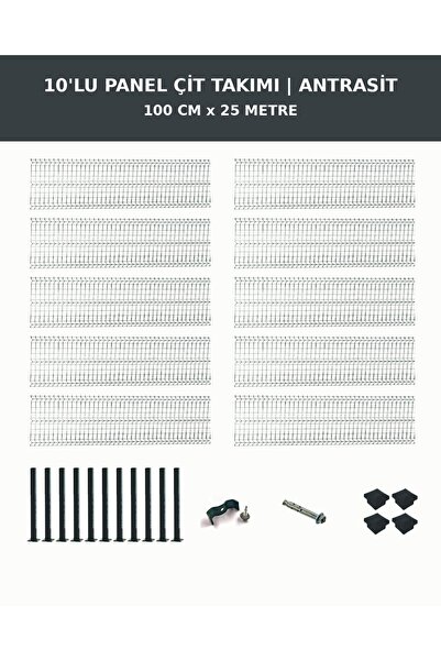 DİĞER1111 10'lu Panel Çit Takım + 1 Direk 25 Metre 100cm Yükseklik Antrasit Renk