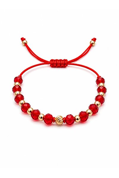 Aur 585 Brățară unisex reglabilă pe șnur cu bile roșii și aur galben 14k, 1,52 g