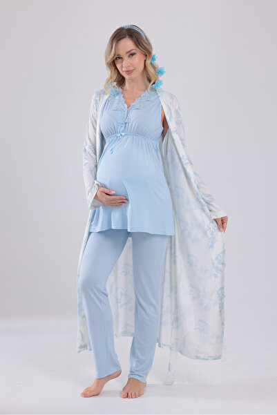 BLACKMORE Women's Blue Lace Strap Patterned Cotton Maternity Pajama Set of 3