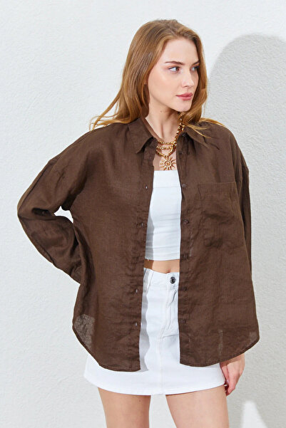 EDITION WOMAN 100% Pure Linen Washed Luxury Single Pocket Oversize Women's Sh...