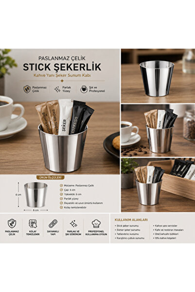 PALU GASTRO Paslanmaz Çelik Stick Şekerlik 6x6 cm Kahve Yanı Şeker Sunum Kabı